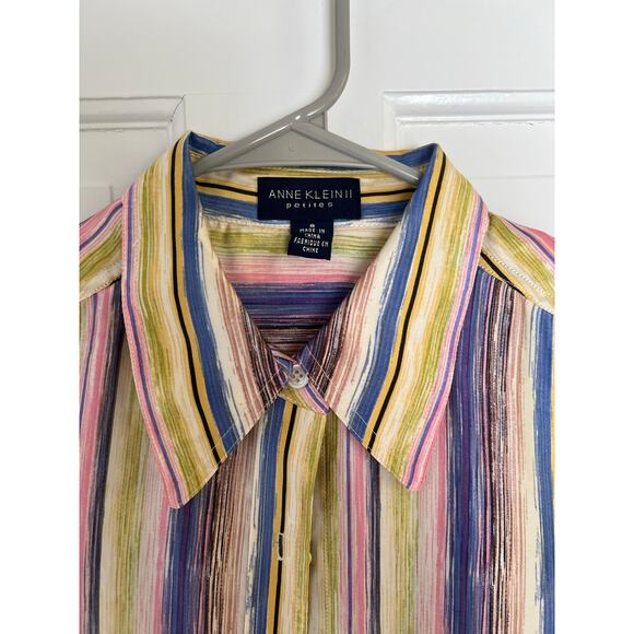 Ann Klein Women's 8 100% Silk Retro Print Multi Stripe Button Up Blouse Top - Picture 5 of 11